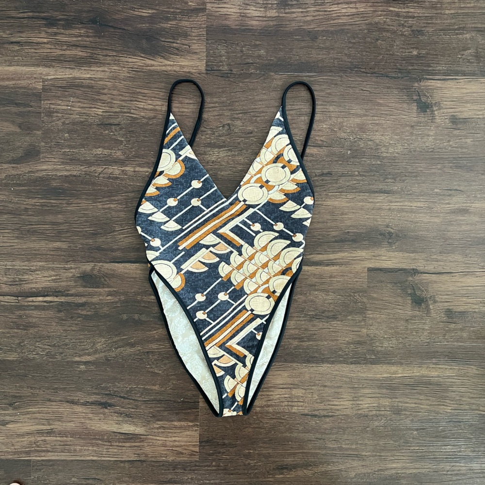 Free People free est amber printed Black and Gold One Piece Swimsuit